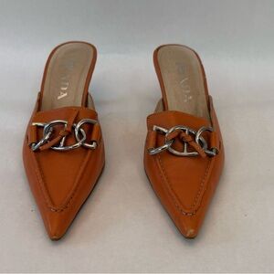 AUTHENTIC Vintage PRADA Orange Leather, Chain Link, Kitten Heel Mules